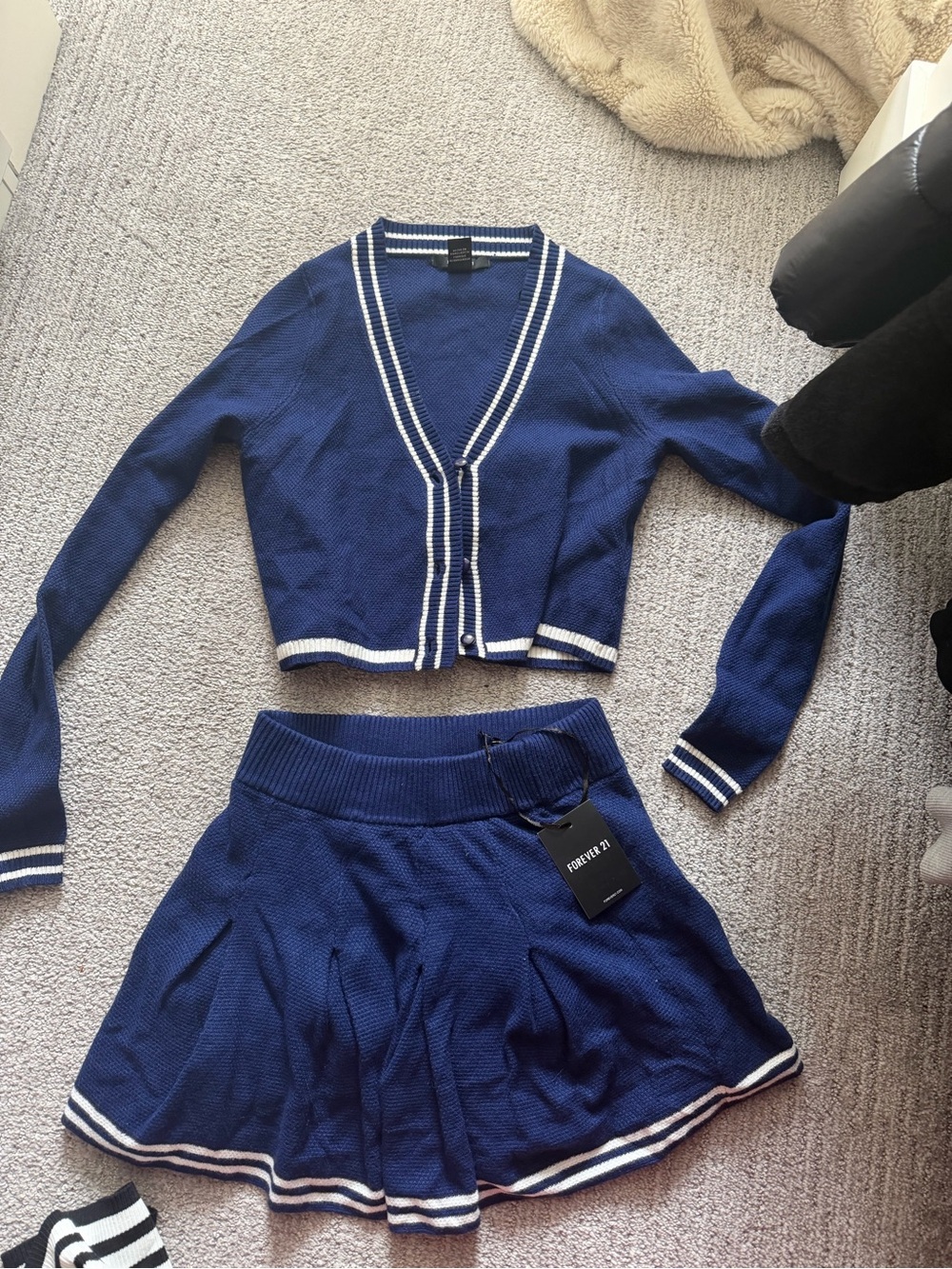 Forever 21 Navy Knit Cardigan Set with White Stripe Trim